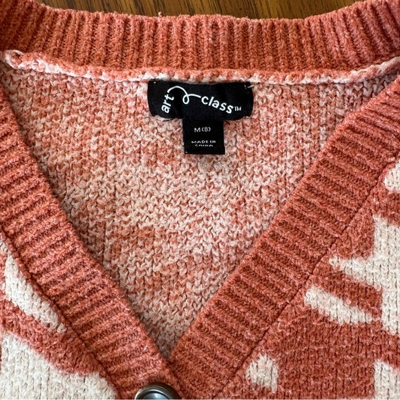 Art Class Girls Houndstooth Coral And Cream Button Up Cardigan Cropped Girls 8 - Picture 3 of 9